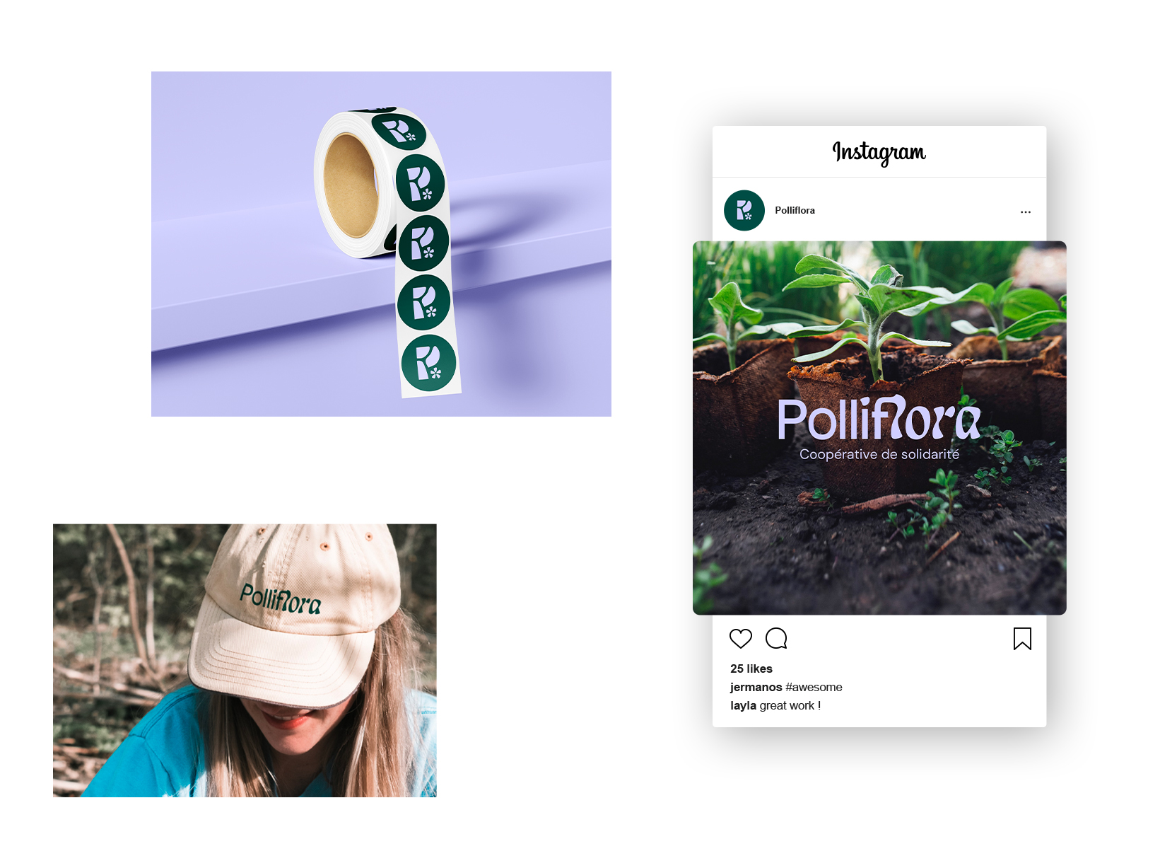 Polliflora stickers, instagram post and cap