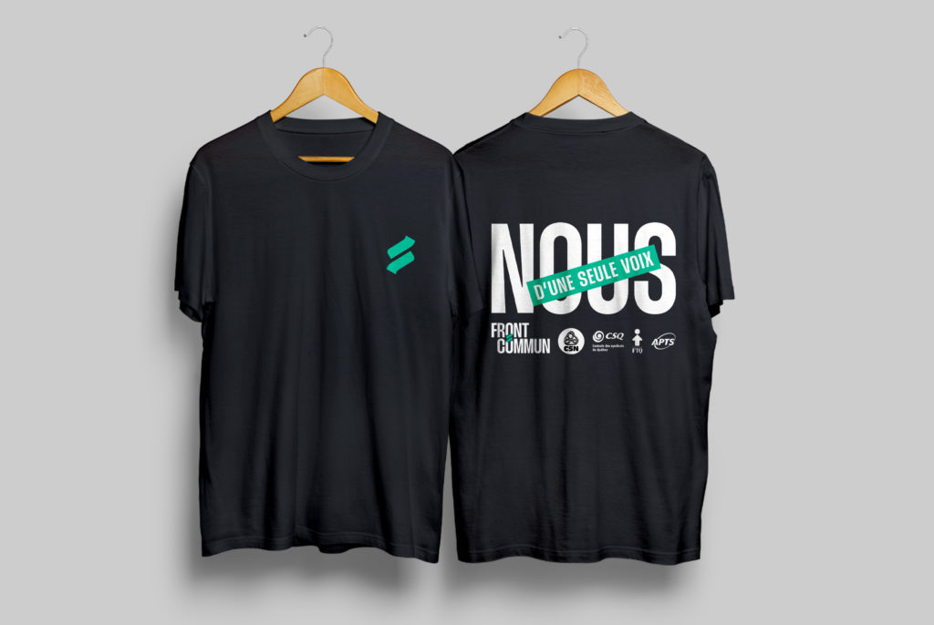 Mockup de T-shirt exposant la nouvelle identité visuelle de front commun.